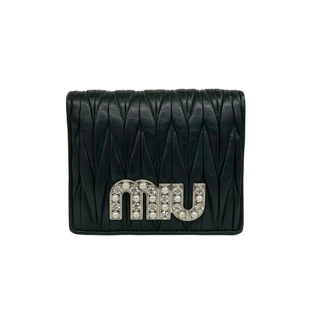 Miu Miu MIUMIU Matelassé Logo Bijou Leather Bi-fold Wallet Mini Black 29638